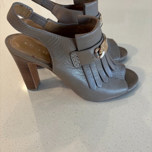 Coach Renita Taupe Leather Fringe Slingback Heels — Open Toe, Sz 9B, Pre-Owned - Picture 2 of 6